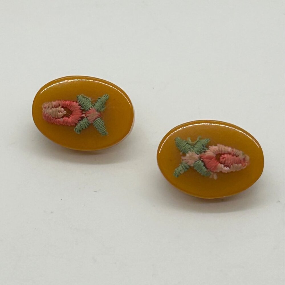 Bakelite Clip-On Earrings  Butterscotch Pink & Green Embroidered Floral Vintage - Picture 2 of 15